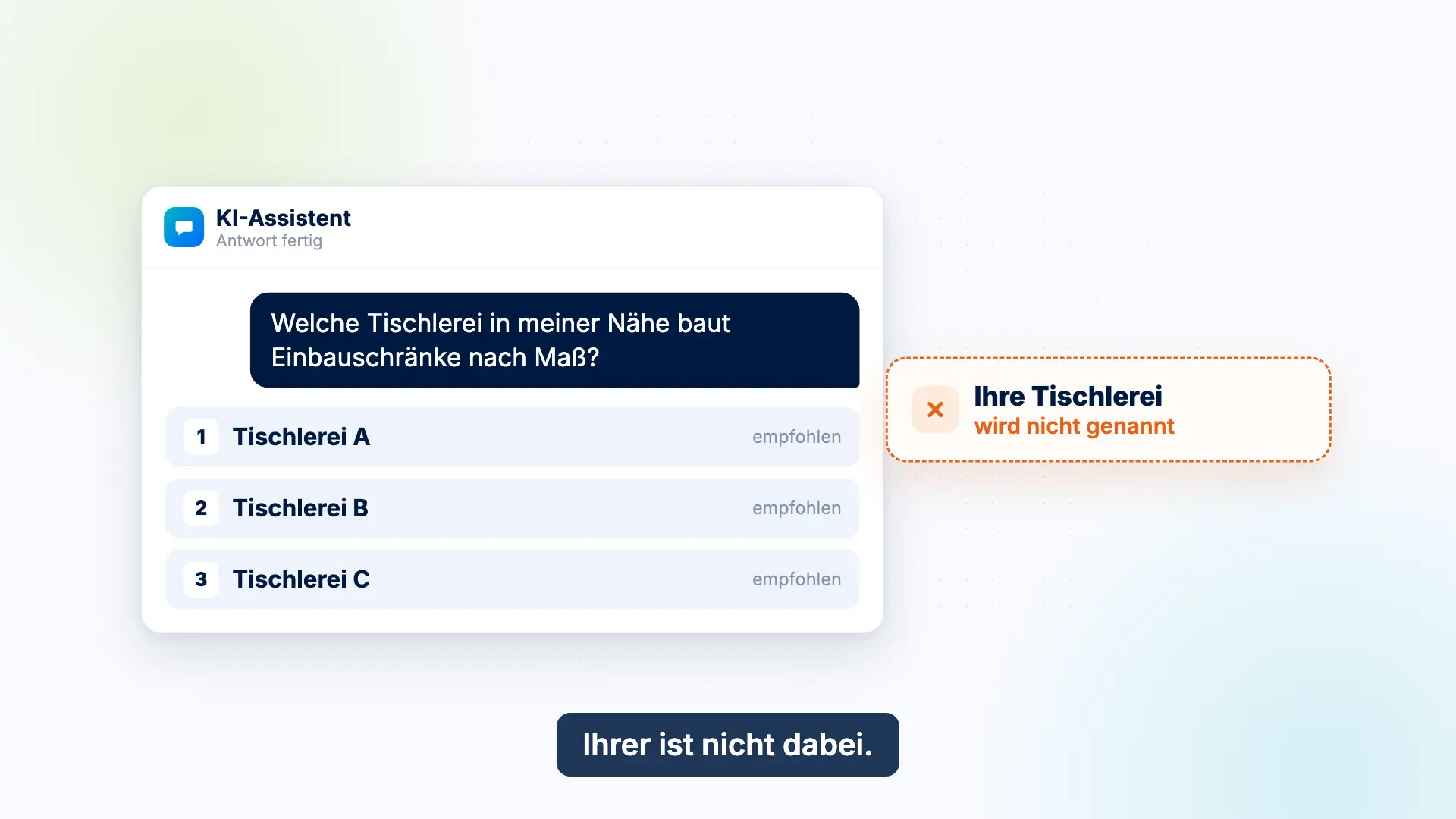 Vorschau des Erklärvideos: Ein KI-Assistent nennt auf die Frage nach einer Tischlerei drei Betriebe, die eigene Tischlerei fehlt.